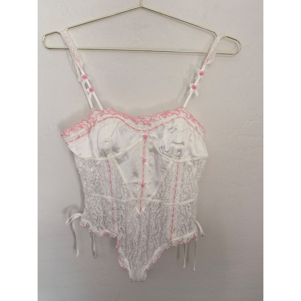 Free People Intimately Sweet Cheeks Lace Thong Bodysuit Ivory Pink Rosette M NWT
